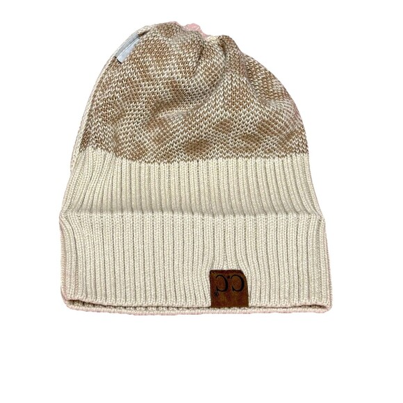 C.C. Leopard Print Knit Beanie  Faux Fur Pom Womens Winter Hat Trendy Acrylic - Picture 4 of 8